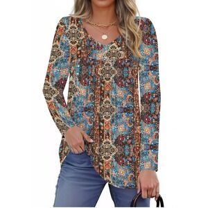 Unbranded Paisley V-Neck Blouse Women 2XL Multi-Color New Long Sleeve Boho Top‎